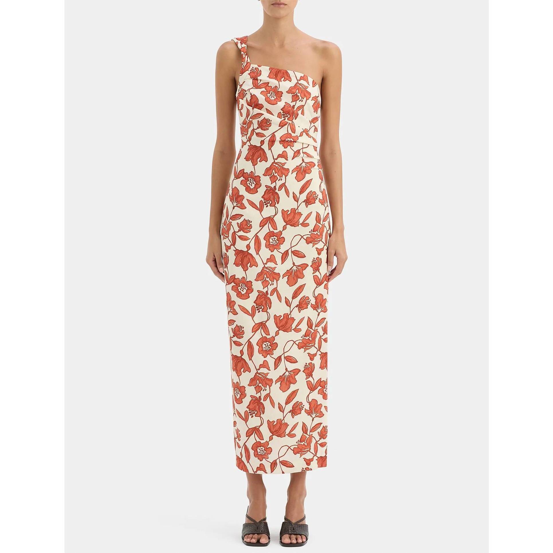 New Sir. Chloe One Shoulder Midi Dress In Floral Orange